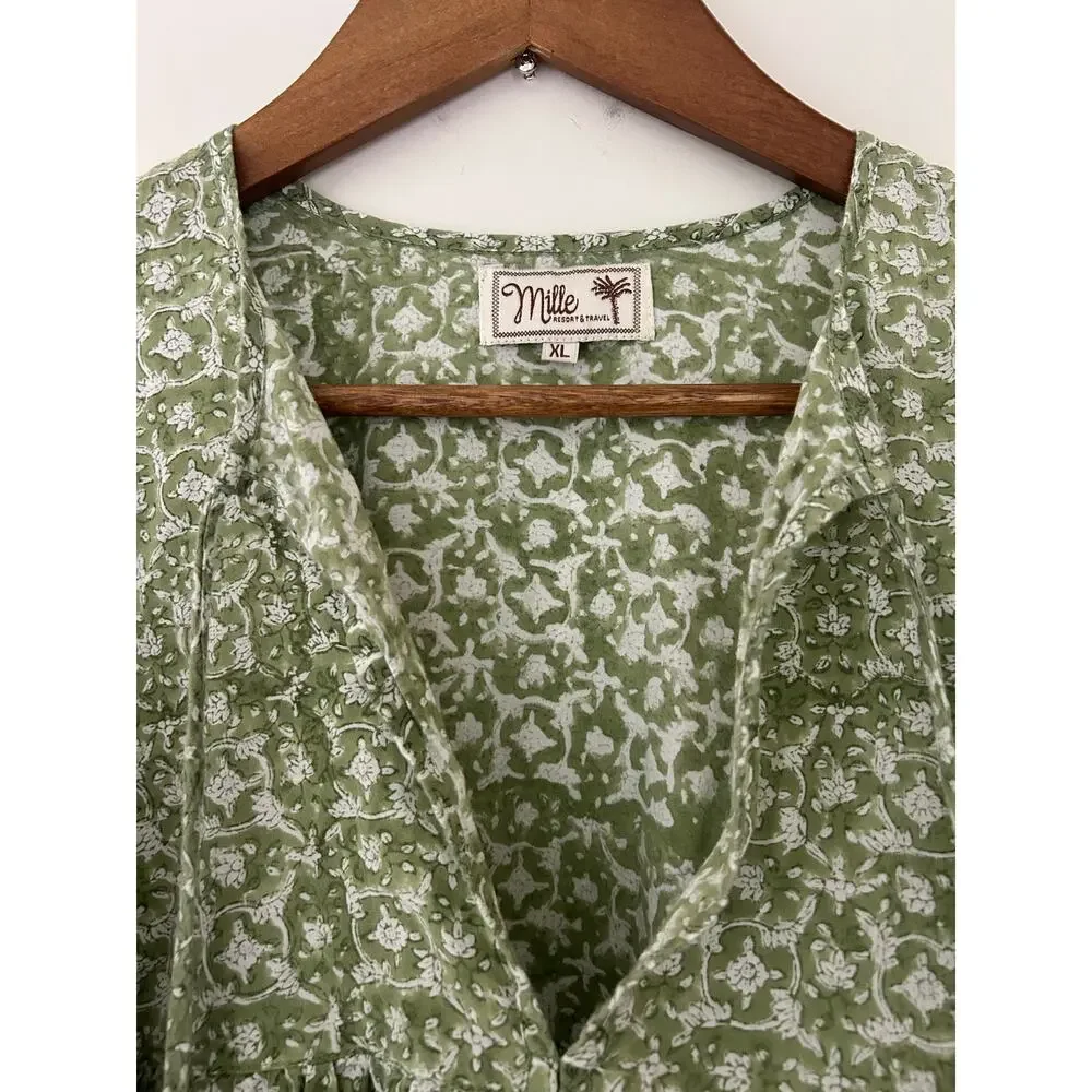 Mille Charlie Peasant Blouse Green Tie Front Cotton Green Block Print India XL - Picture 3 of 10